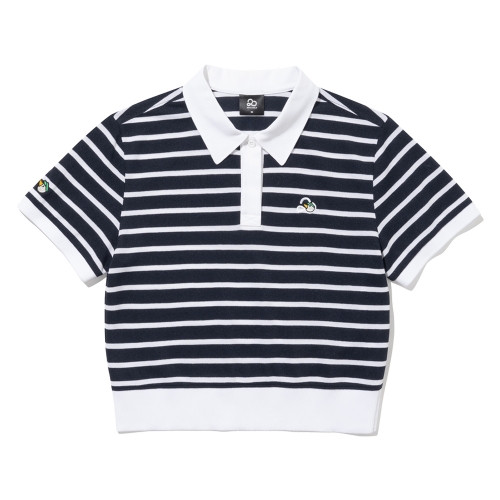 스트라이프 크롭 여성 카라넥 반팔 티셔츠 [NAVY]