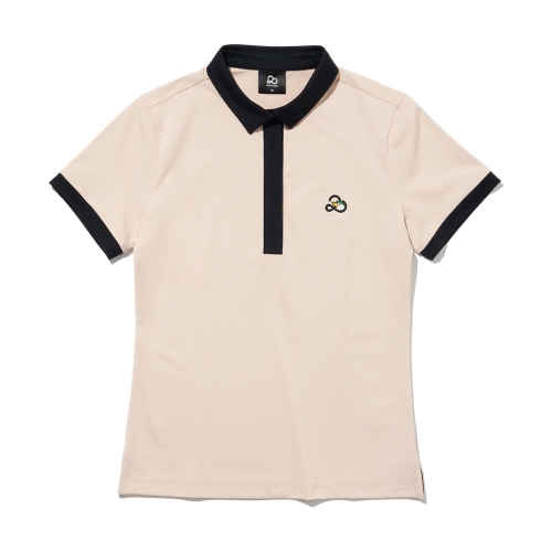 카라넥 소매 배색 포인트 여성 반팔 티셔츠[BEIGE]