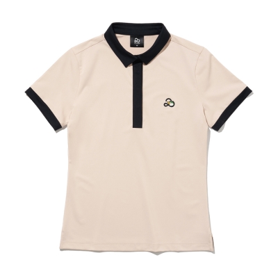카라넥 소매 배색 포인트 여성 반팔 티셔츠[BEIGE]
